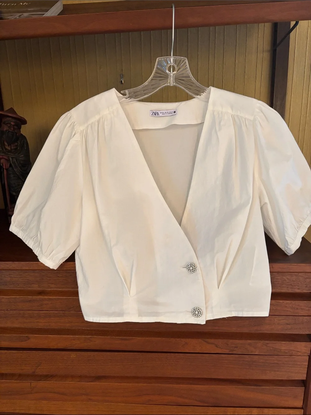 Zara Puff-Sleeve Cropped Wrap Blouse with Sparkly Buttons
